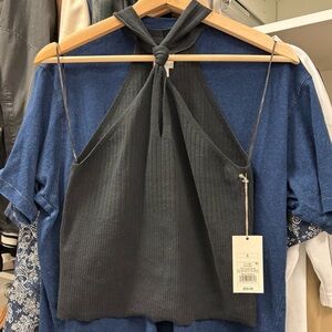 Black Halter Neck Ribbed Top